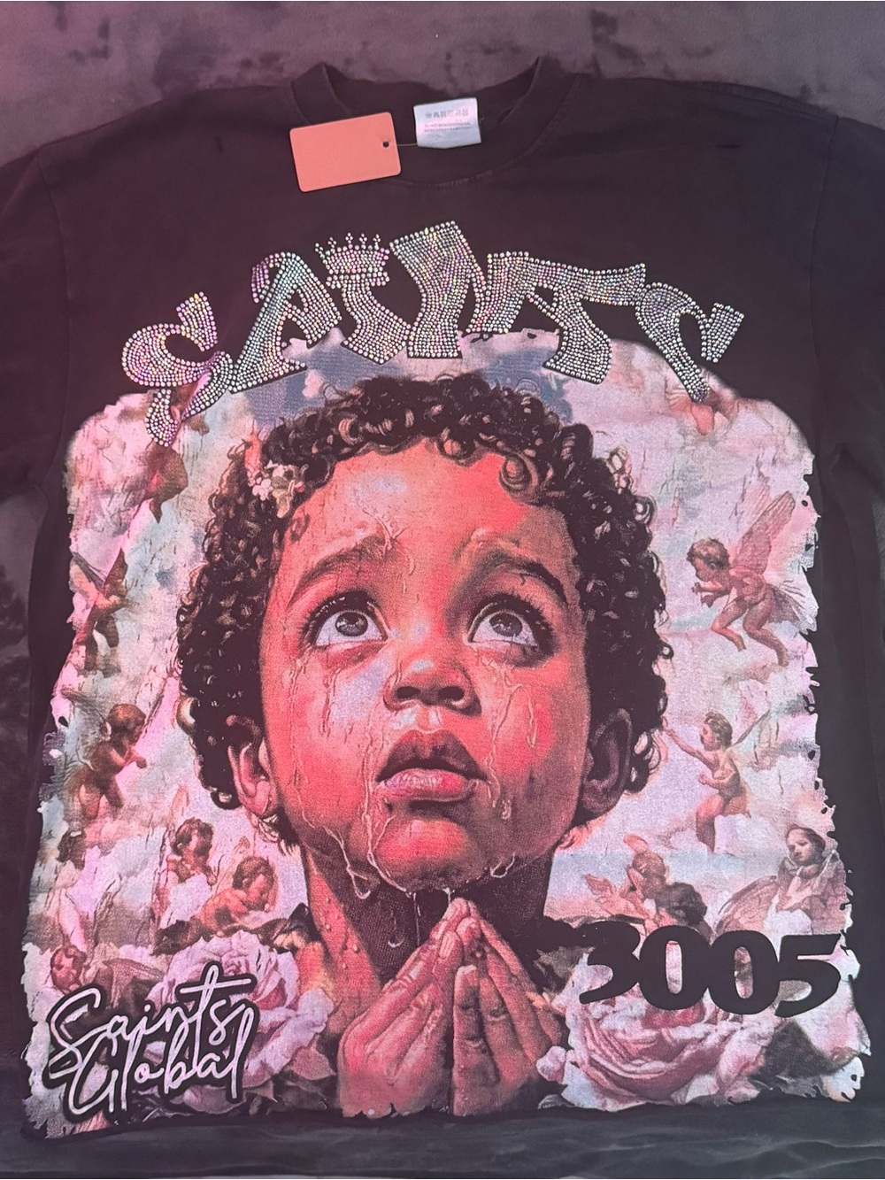 All Saints Black Graphic Short Sleeve Tee with Pink/Peach Portrait